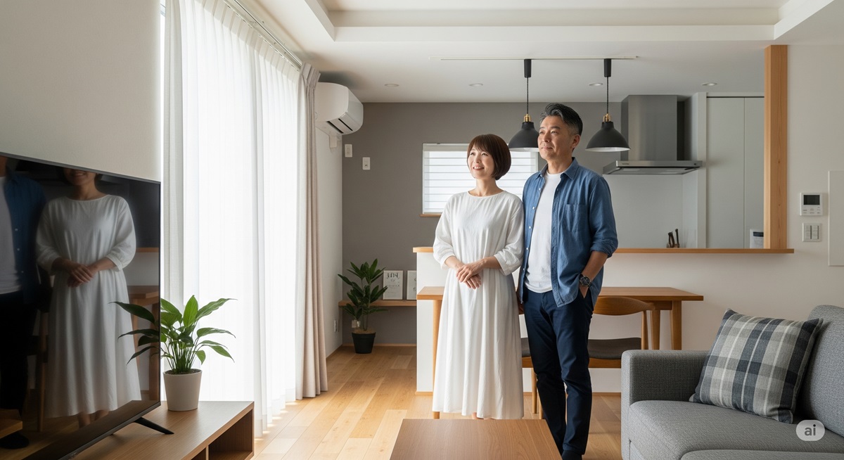 現代的なリビングで、明るい表情で未来を見据える中年の日本人夫婦。人生の再設計や新しい始まりを象徴し、ポジティブな中年ライフをイメージさせます。