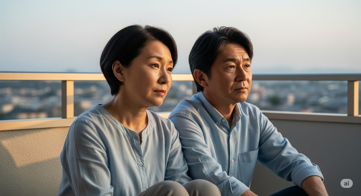 夕暮れのベランダで物思いにふける50代の日本人男女の姿。静かに孤独と向き合っている様子
