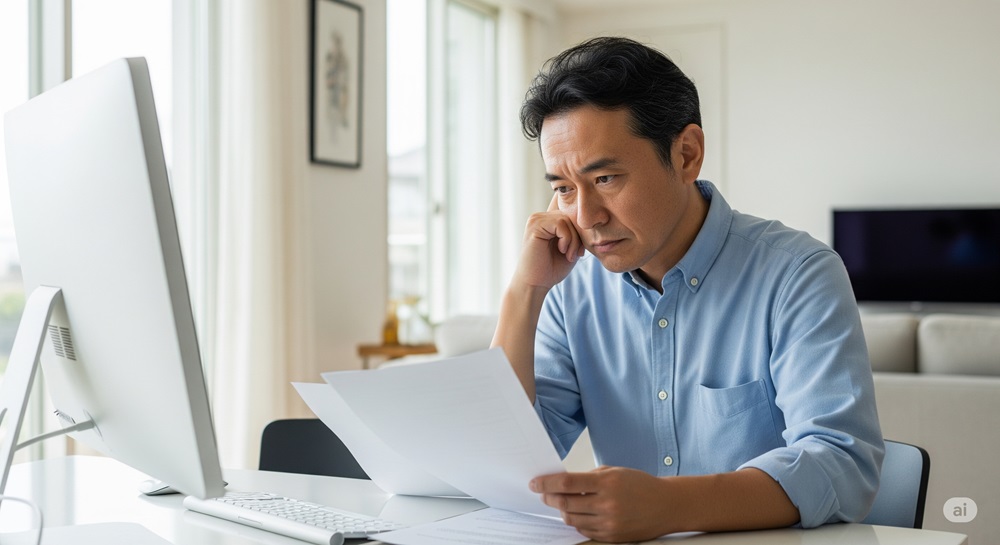 中年の定義について考え込む50代の日本人男性が、自宅のデスクで資料を手にして悩んでいる様子。