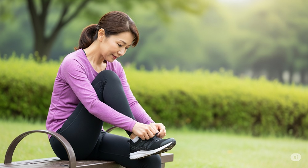 運動習慣を始めようと靴ひもを結ぶ50代の日本人女性。公園のベンチで穏やかな表情を浮かべている様子。