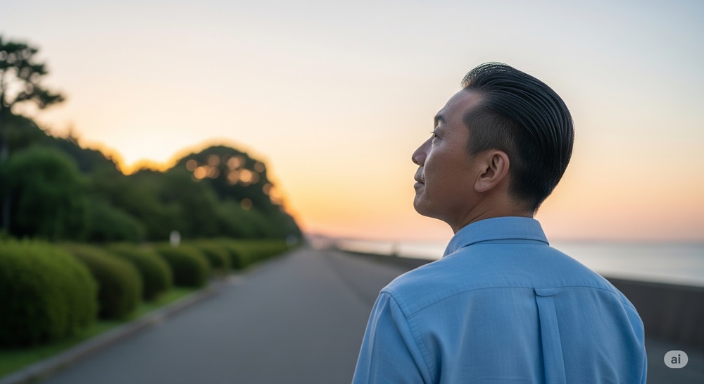 夕暮れの道を歩きながら空を見上げる50代の日本人男性。中年期の再出発と未来への希望を感じさせる後ろ姿。