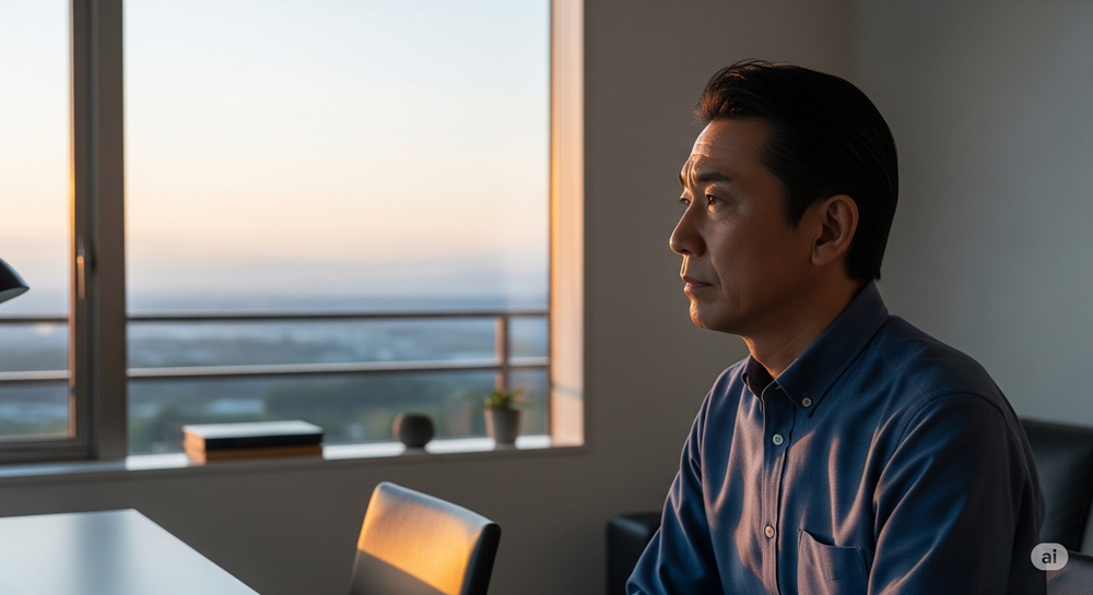 夕暮れのオフィスで窓の外を見つめながら悩む50代の日本人男性。中年期の孤独感や将来への不安を表現したシーン。