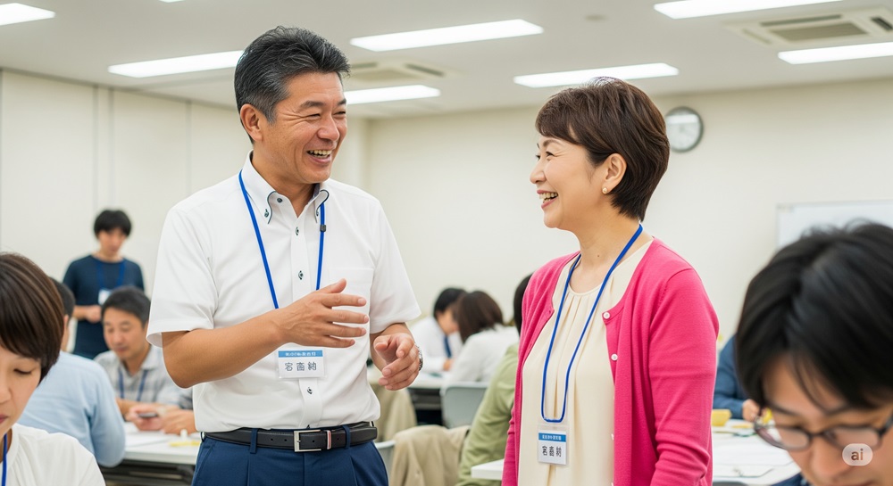 地域イベントで楽しそうに会話する50代の日本人男女。名札をつけて笑顔で交流する明るい室内の様子。