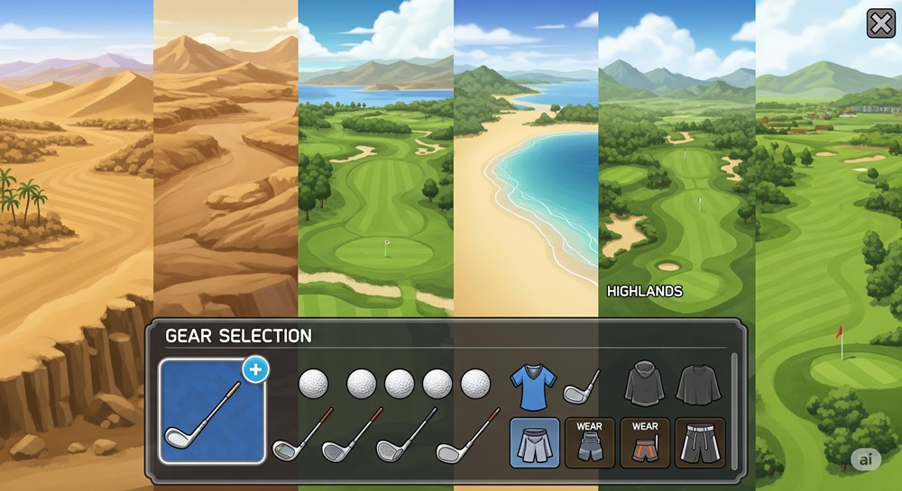 スマホゲーム「みんなのGOLF」のプレイ画面。砂漠、海辺、高原などの多彩なコースが並び、画面下部にはゴルフクラブやボール、ウェアなどを選べるギアセレクションが表示されている。