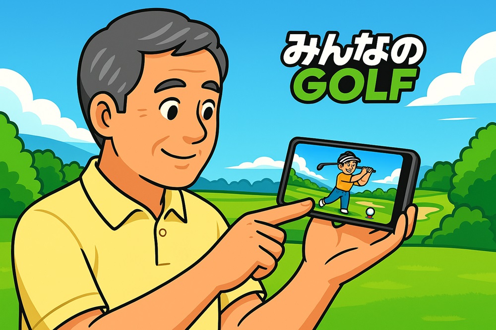 スマホゲーム「みんなのGOLF」をプレイする50代の日本人男性を描いた2Dイラスト。男性はスマホを手に、画面上でゴルフショットの操作を行っており、背景にはバーチャルなゴルフコースが広がっている。
