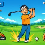 スマホゲーム「みんなのGOLF」のプレイ画面をイメージした2Dイラスト。50代の男性アバターがドライバーショットを放ち、画面にはショットゲージやパワーメーターが表示されている。簡単な操作で遊べるスマホゴルフゲームの魅力を表現。