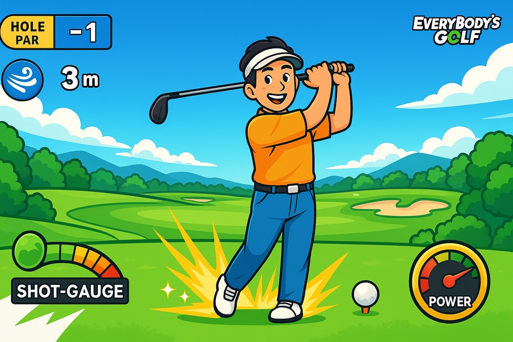 スマホゲーム「みんなのGOLF」のプレイ画面をイメージした2Dイラスト。50代の男性アバターがドライバーショットを放ち、画面にはショットゲージやパワーメーターが表示されている。簡単な操作で遊べるスマホゴルフゲームの魅力を表現。