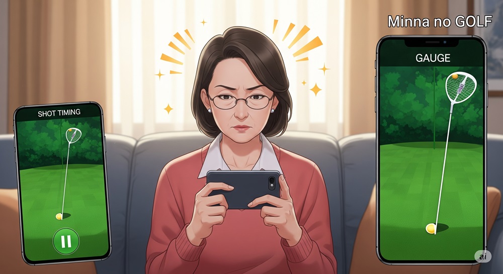 ソファに座ってスマートフォンで「みんなのGOLF」を真剣にプレイする50代の日本人女性。画面にはショットタイミングとゲージ操作が表示されており、集中力を要する様子が脳トレ効果を想起させる構図。