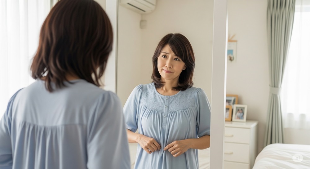 鏡の前で体型を気にしながら服を引っ張る中年女性。戸惑いの表情を浮かべ、自宅の寝室で静かに自分の体と向き合っている様子。
