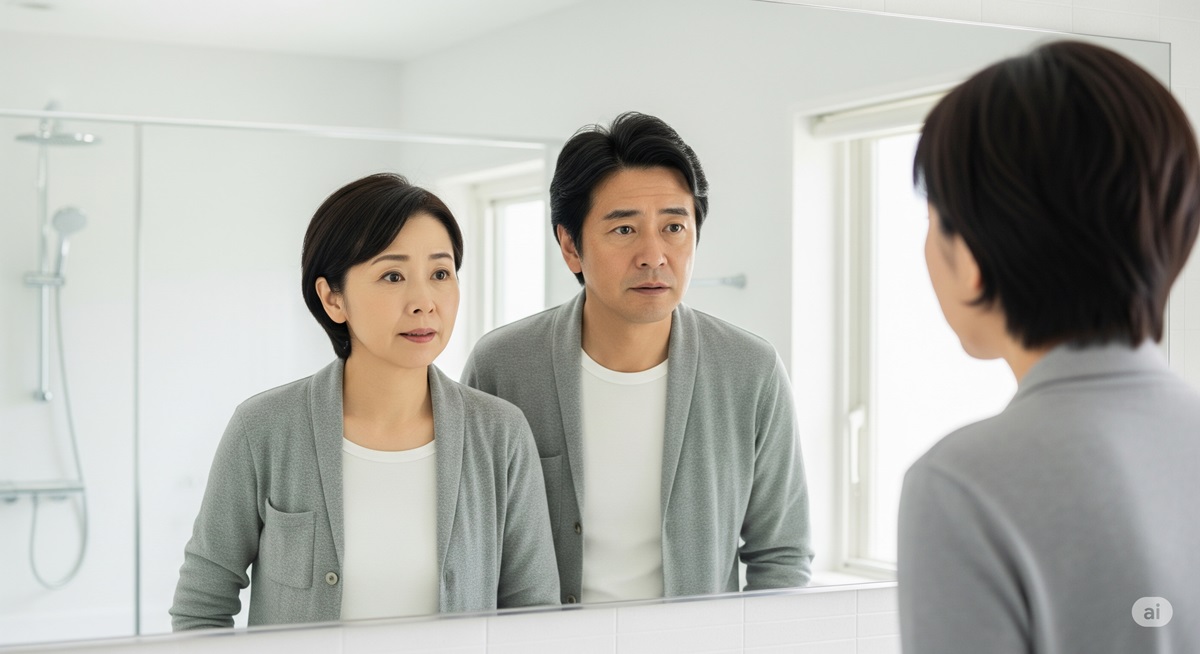 鏡の前で表情を曇らせる40〜50代の日本人男女。中年期の変化に気づいた瞬間を表現したシーン。