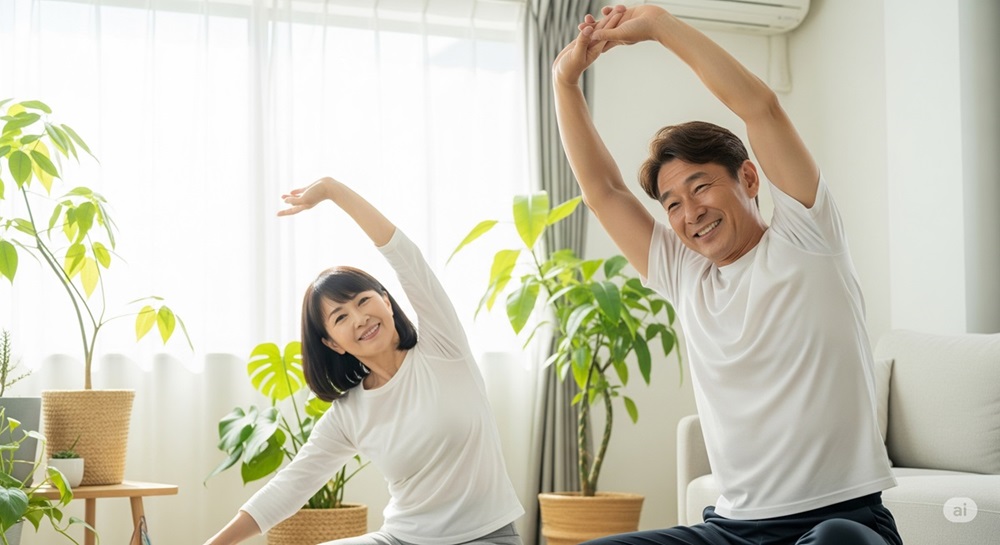 明るいリビングで笑顔でストレッチをする中年の男女。植物に囲まれた室内で、健康的な朝の習慣を楽しむ様子。