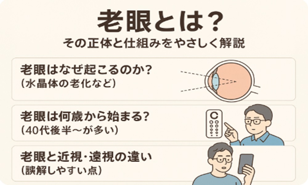 老眼の仕組み（水晶体と毛様体筋の老化）を示した日本語の医学イラスト