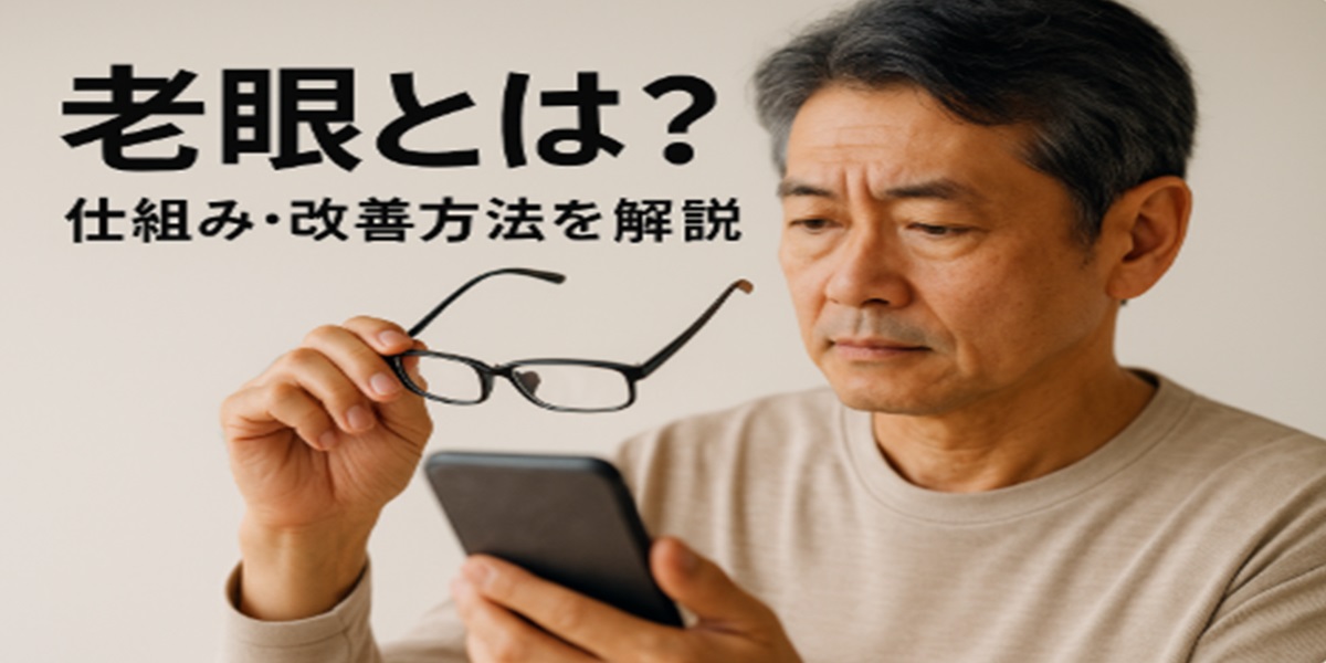 スマートフォンを見ながら老眼鏡を持ち上げ、画面を見づらそうにしている50代の日本人男性