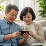 50代の日本人男女が自宅のリビングでスマホのジグソーパズルアプリを楽しんでいる様子。脳のイメージとパズルピースが浮かび、脳トレと癒しを象徴する。