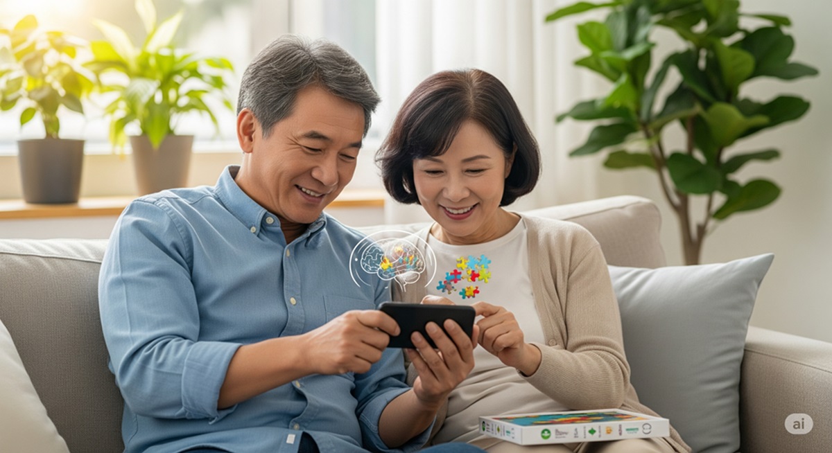 50代の日本人男女が自宅のリビングでスマホのジグソーパズルアプリを楽しんでいる様子。脳のイメージとパズルピースが浮かび、脳トレと癒しを象徴する。