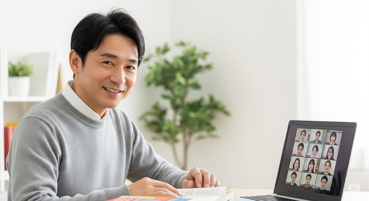 ノートパソコンでオンライン読書会に参加している50代の日本人男性が、明るい室内で本を読みながら微笑んでいる様子。画面には複数の参加者の顔が映り、和やかな雰囲気。