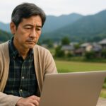 自然豊かな地方の風景を背景に、ノートパソコンを見つめながら地方移住を真剣に考える50代の日本人男性の姿。
