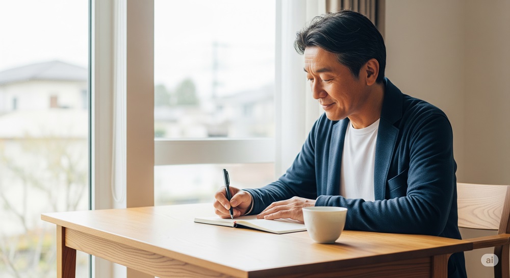 窓辺の明るい部屋で、50代の日本人男性が静かにノートに思いを綴っている様子。読書後の気づきを深めている姿が印象的。