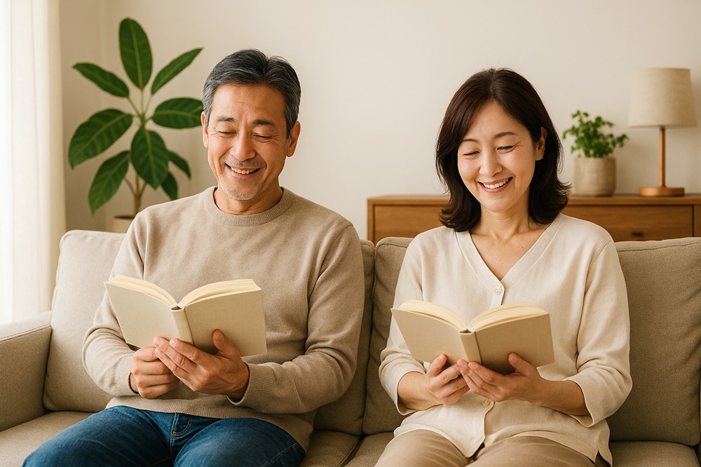 50代の日本人夫婦が明るいリビングで笑顔で読書を楽しんでいる様子。落ち着いた雰囲気の中で、前向きな気持ちと自己成長を感じさせる一枚。
