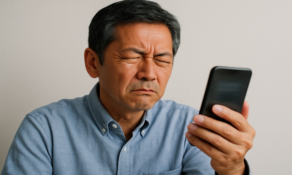 スマートフォンを遠ざけて見づらそうにしている50代男性の様子