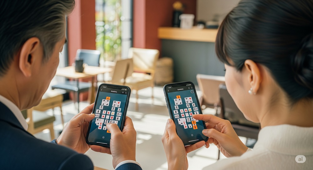 カフェでソリティアアプリを楽しむ50代のカップル。男性と女性がそれぞれスマートフォンでソリティアをプレイしており、ゲーム画面が表示されたスマホを手にして、リラックスした様子で楽しんでいます。背景にはカジュアルなカフェのインテリアが広がり、日常的な楽しみ方を感じさせるシーン。