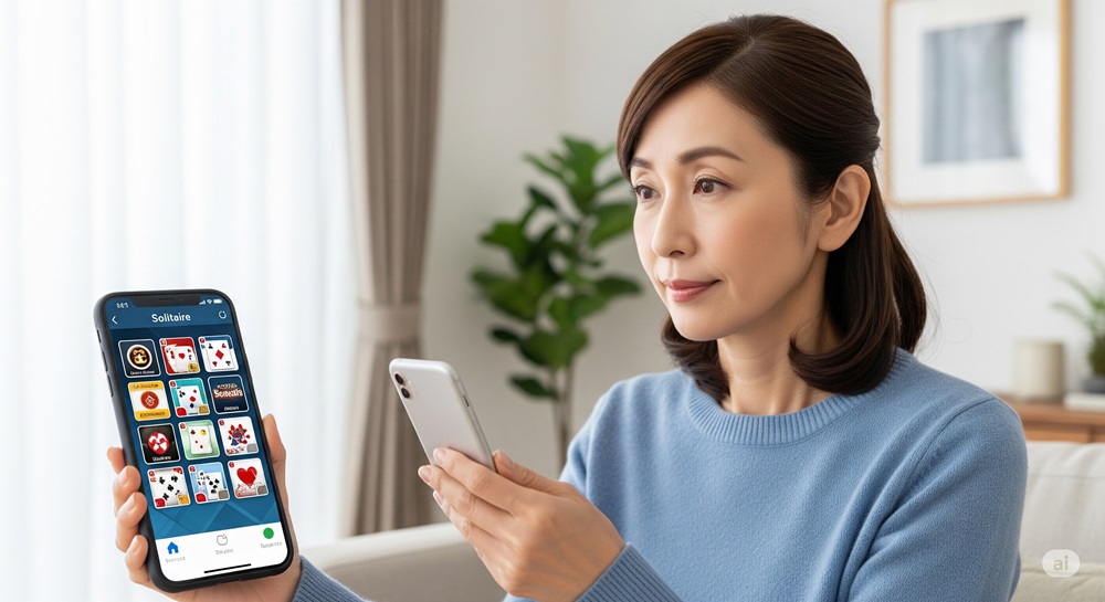 スマートフォンでソリティアアプリを選んでいる50代女性。左手でスマホを持ち、ゲーム画面を見ながらアプリの選択肢を確認している様子。リラックスした家庭の中で、アプリ選びに集中しているシーン。背景には穏やかな光が差し込む部屋と観葉植物が見え、落ち着いた雰囲気が漂っています。