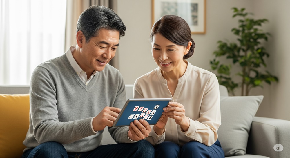 リビングでソリティアアプリを楽しむ50代のカップル。タブレットを使ってゲームをしている二人の表情は、楽しさと集中を感じさせ、リラックスした家庭の雰囲気が伝わります。アプリ画面にはカードが並んでおり、ゲームに夢中になっている様子が映し出されています。