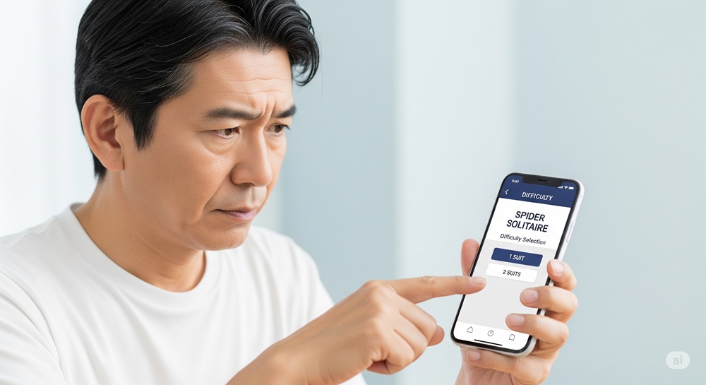 スマートフォンでスパイダーソリティアの難易度を選択している50代男性。1スート・2スートの選択画面を真剣に見つめる様子