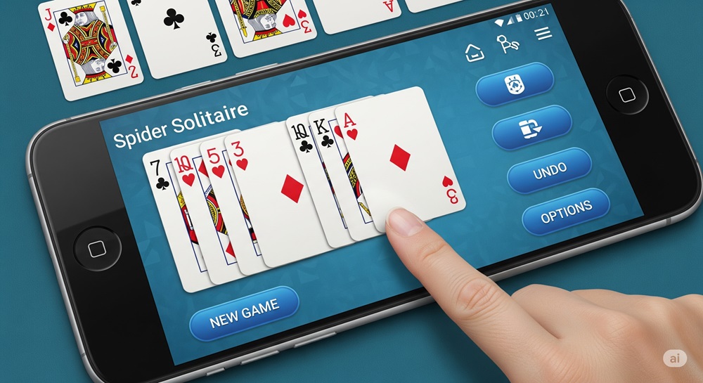 スマートフォンでスパイダーソリティアを操作する指先のアップ。見やすいUIと大きなボタンで高齢者にも優しいデザインの画面