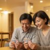 50代の夫婦がスマートフォンでスパイダーソリティアを楽しむ様子。家庭的なリビングで笑顔を見せるシーン
