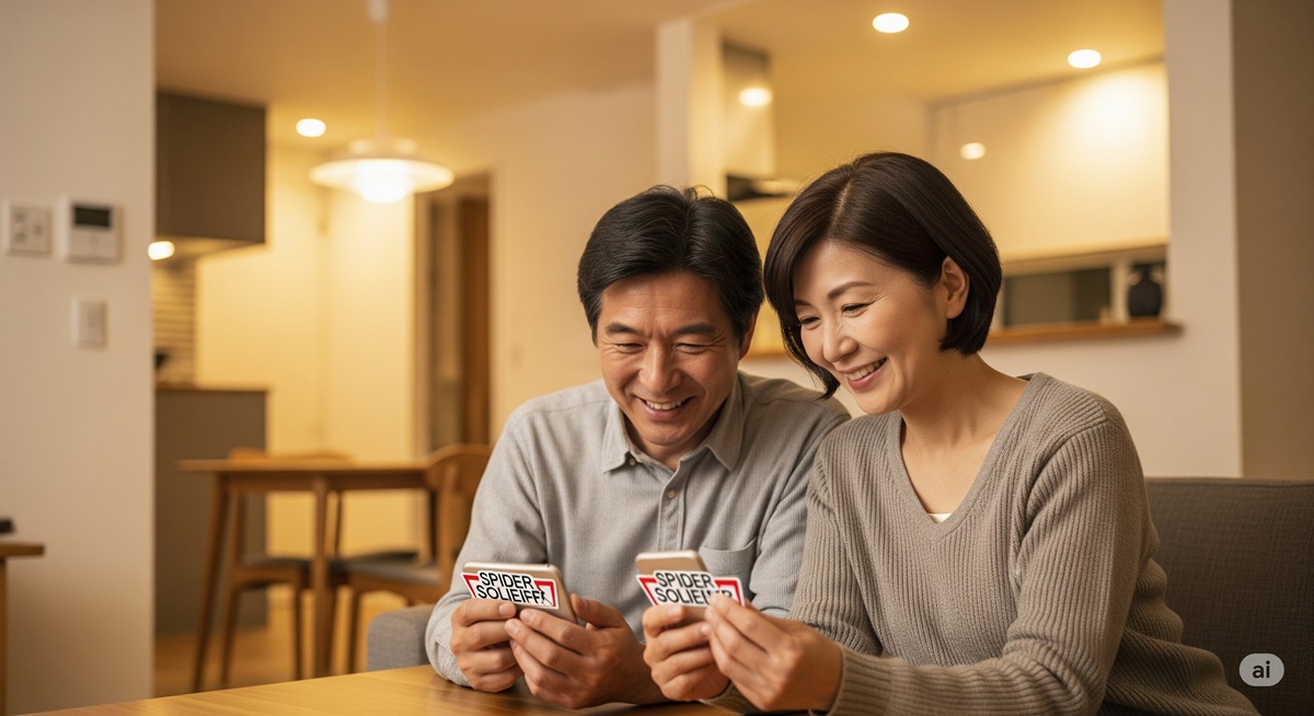 50代の夫婦がスマートフォンでスパイダーソリティアを楽しむ様子。家庭的なリビングで笑顔を見せるシーン
