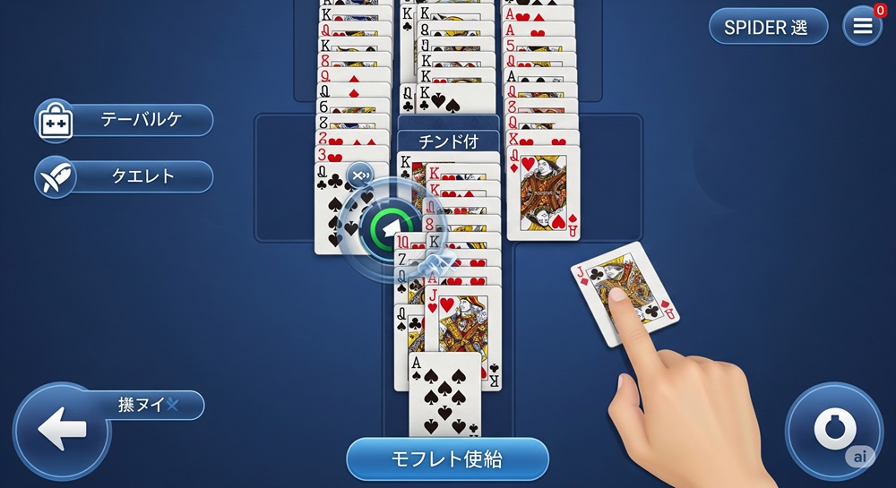 スマートフォンのスパイダーソリティアゲーム画面。トランプの並び替え中で、カードを指でスライドしている操作シーン