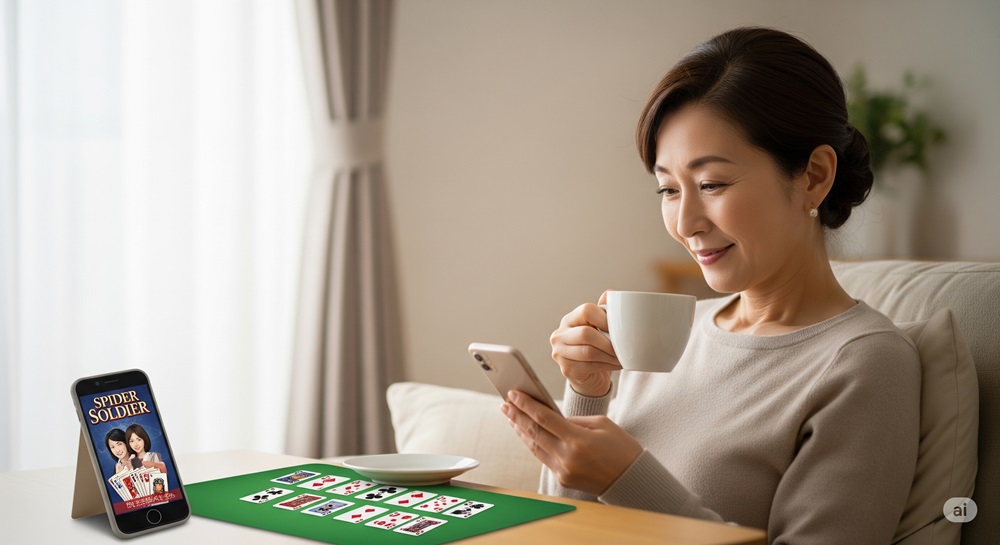 コーヒーを飲みながらスパイダーソリティアを楽しむ50代女性。自宅で穏やかに過ごすリラックスタイムの様子