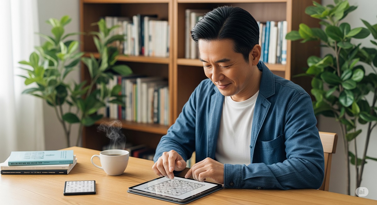 数独アプリをタブレットで楽しむ50代の男性。コーヒーを片手にリラックスしながら脳トレに取り組む落ち着いた様子。