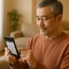 スマートフォンで数独アプリを楽しむ50代の男性。脳トレや暇つぶしにぴったりの落ち着いた時間を過ごしている様子。