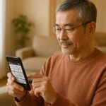 スマートフォンで数独アプリを楽しむ50代の男性。脳トレや暇つぶしにぴったりの落ち着いた時間を過ごしている様子。