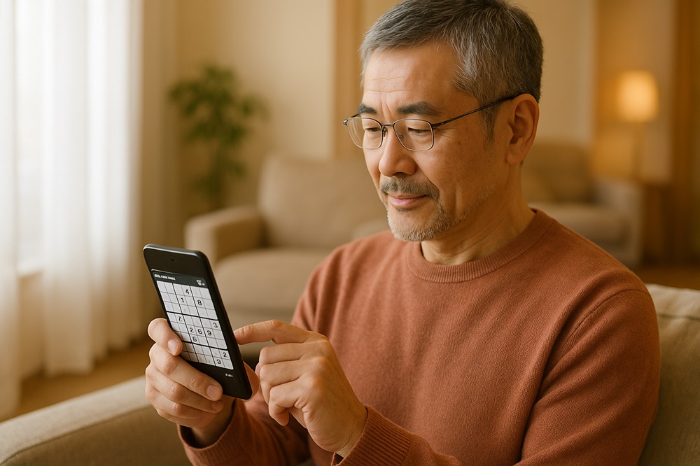 スマートフォンで数独アプリを楽しむ50代の男性。脳トレや暇つぶしにぴったりの落ち着いた時間を過ごしている様子。