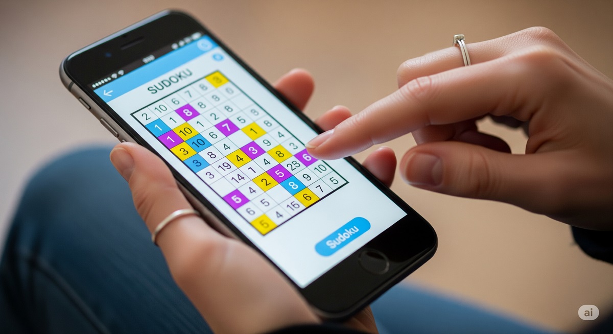スマートフォンで数独アプリを操作する女性の手元。カラフルに色分けされたマス目が特徴的で、操作しやすいインターフェースを表現。