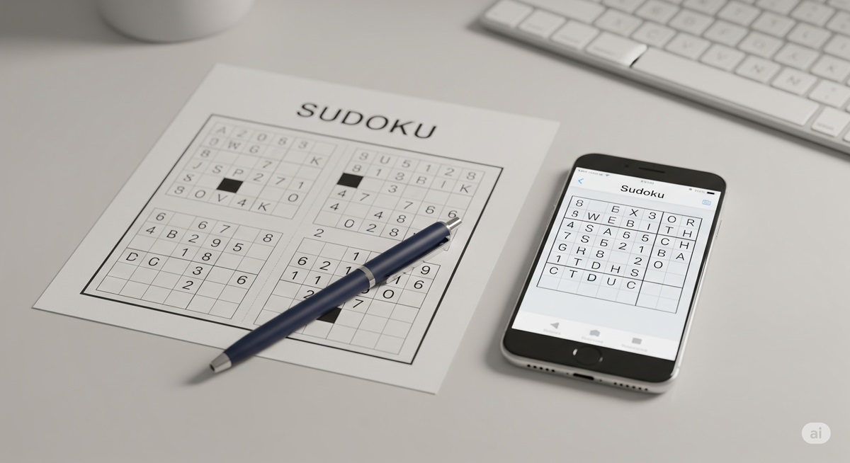 紙の数独パズルとスマートフォンの数独アプリが並んだ机の上の様子。アナログとデジタルの併用で楽しむスタイルを表現している。