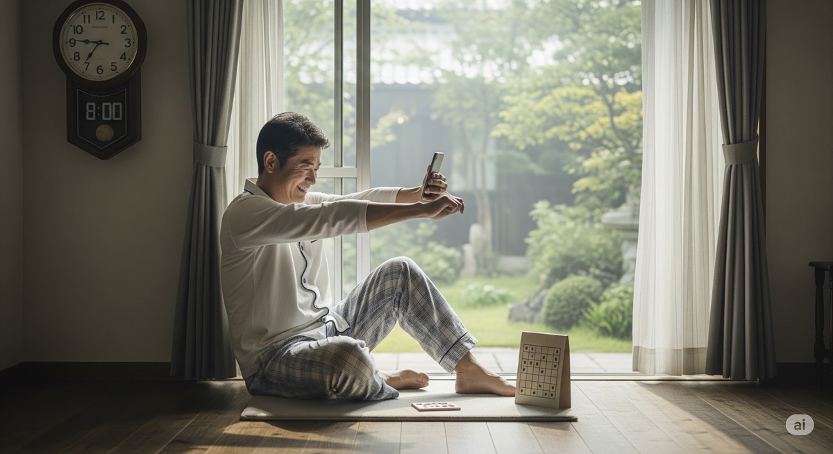 朝8時、自宅でストレッチをしながらスマートフォンで数独アプリを楽しむ50代の男性。リラックスしながら健康的にゲームを取り入れる様子。