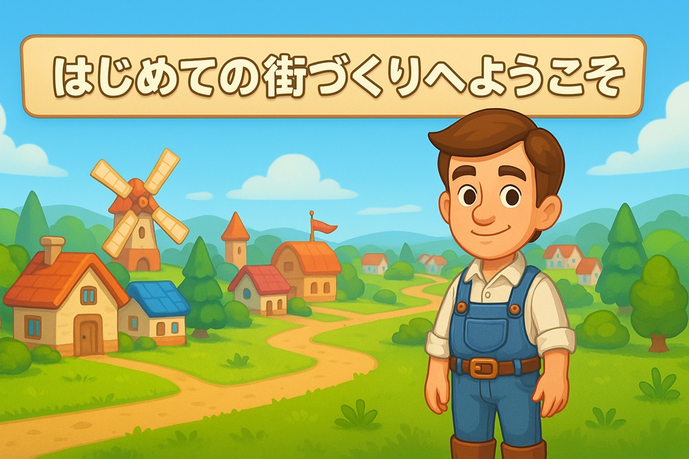 「はじめての街づくりへようこそ」というメッセージとともに、笑顔のキャラクターが立っている。背景には風車や家が建ち並ぶカラフルな村が描かれており、タウンシップのチュートリアル風のスタート画面をイメージした構図。