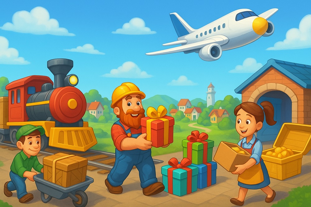 赤い貨物列車と空を飛ぶ飛行機の下で、住民たちがプレゼントや荷物を積み下ろしているシーン。街と外の世界をつなぐ輸送の様子を描いた、タウンシップの活気あふれるゲーム内イメージ。