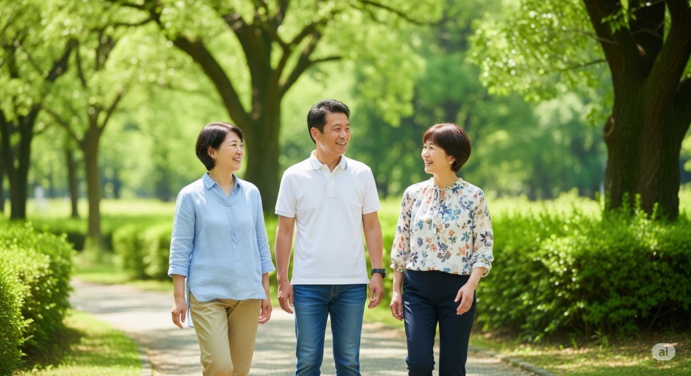 緑あふれる公園を笑顔で歩く50代の日本人男女3人。自然の中でリラックスしながら会話を楽しんでいる様子が、穏やかで信頼感のある仲間関係を象徴している。