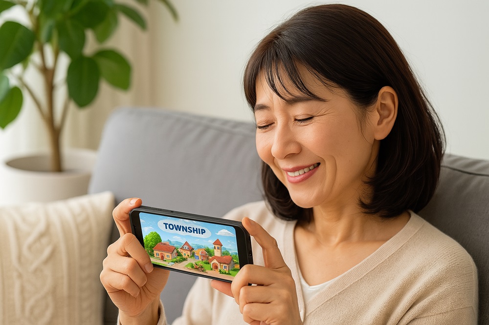 ソファに座って微笑む50代の女性が、スマホでタウンシップの街づくり画面をプレイしている様子。室内は観葉植物とクッションに囲まれた落ち着いた空間で、癒しと達成感を感じる雰囲気が伝わる。