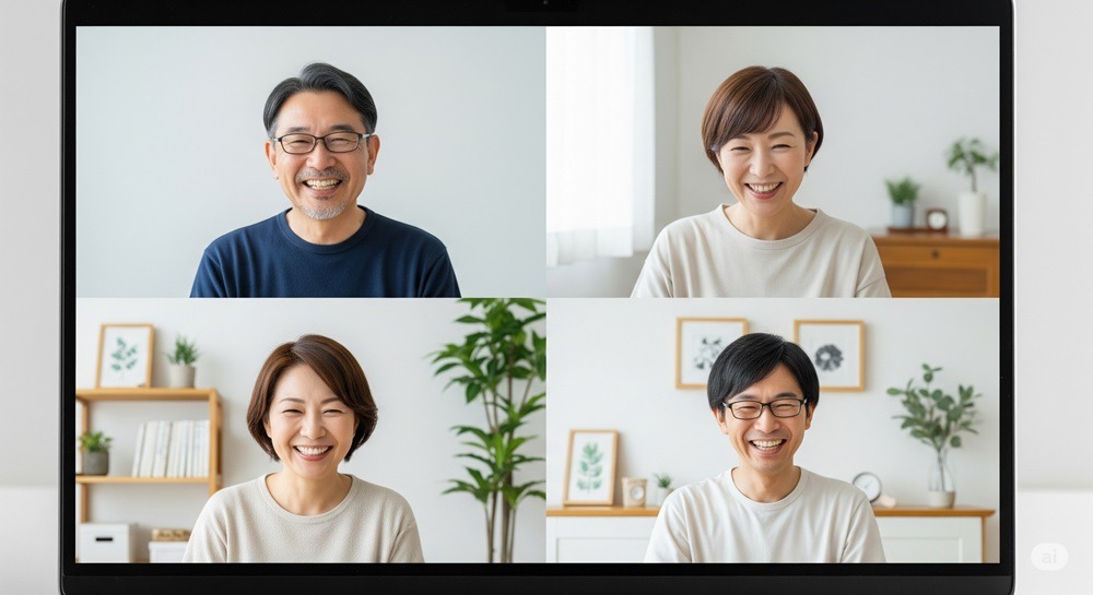 Zoomの画面に表示された、50代の日本人男女4人が自宅からオンライン読書会に参加し、笑顔で会話している様子。明るく清潔感のある背景で和やかな雰囲気。