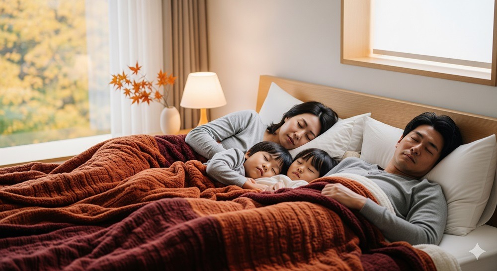 秋の夜に家族が快適に眠っている様子を表すイメージ写真