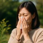 秋の屋外で花粉症に悩む日本人女性。ブタクサやヨモギによる花粉症対策をイメージした写真