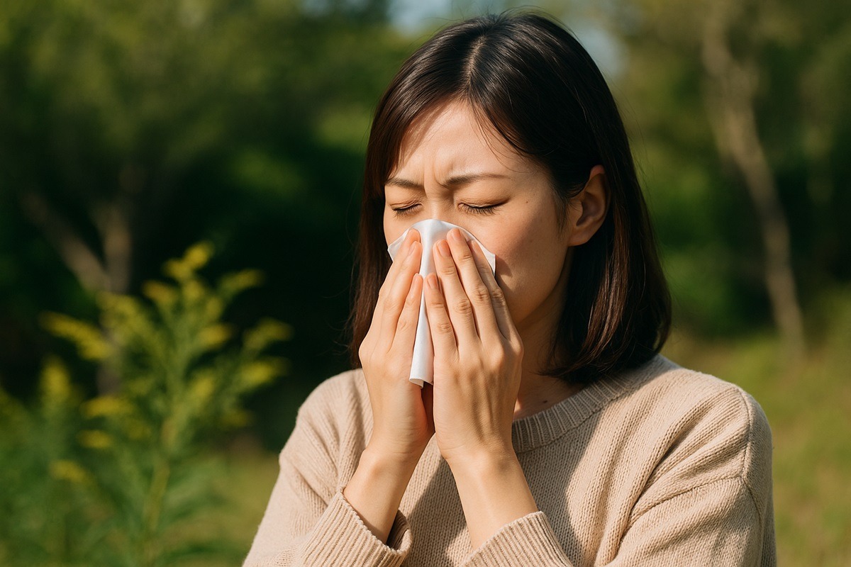 秋の屋外で花粉症に悩む日本人女性。ブタクサやヨモギによる花粉症対策をイメージした写真