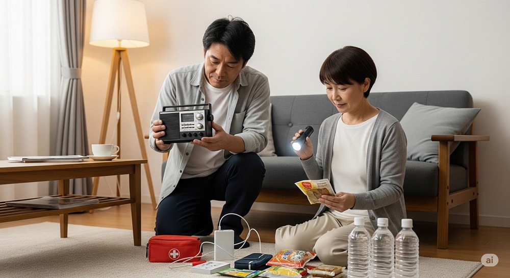 台風停電に備えて防災グッズを確認する中年夫婦。懐中電灯やラジオ、モバイルバッテリー、飲料水を準備している。