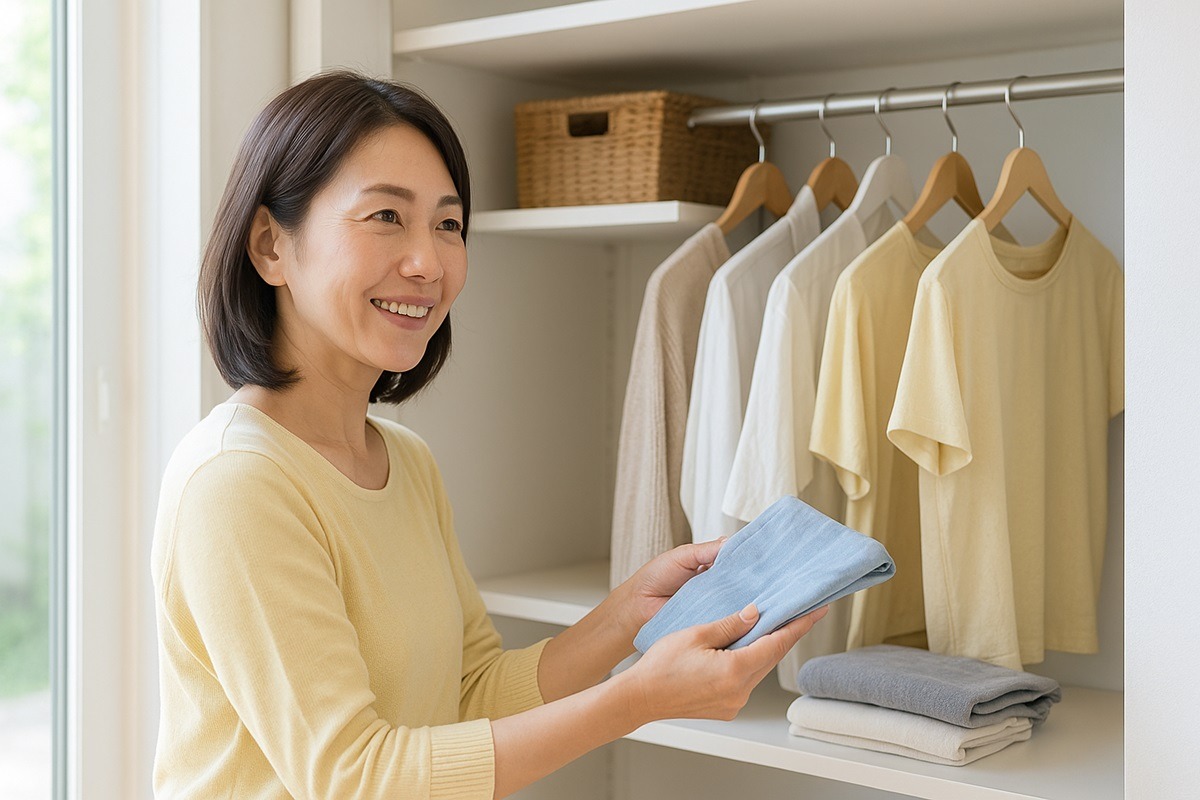 クローゼットで衣替えをする中年女性。湿気やカビ対策を意識した清潔で明るい収納のイメージ